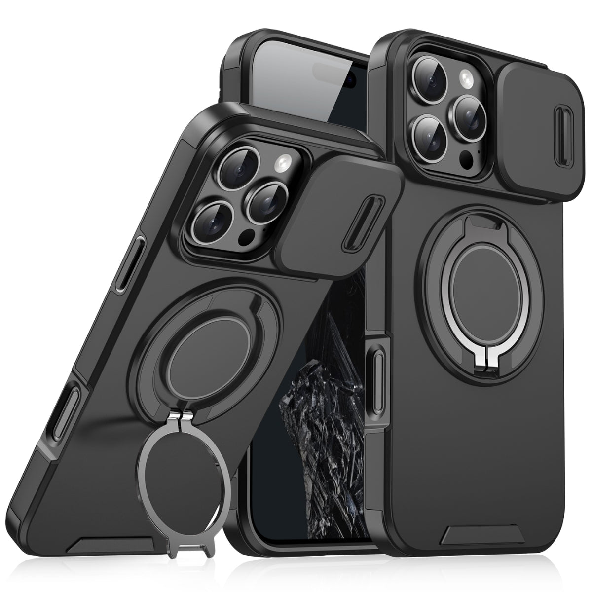 Shockproof Slide Camera Back Cover for iphone 16 15 14Pro Max 360 Ring Stand Mobile Phone case for Samsung for Google for Xiaomi
